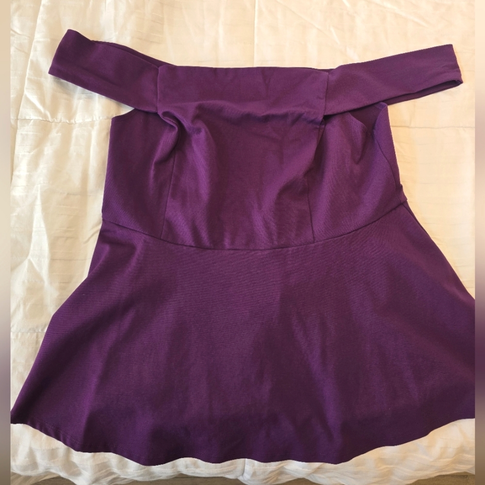 Purple peplum off-shoulder torrid top, pinup style